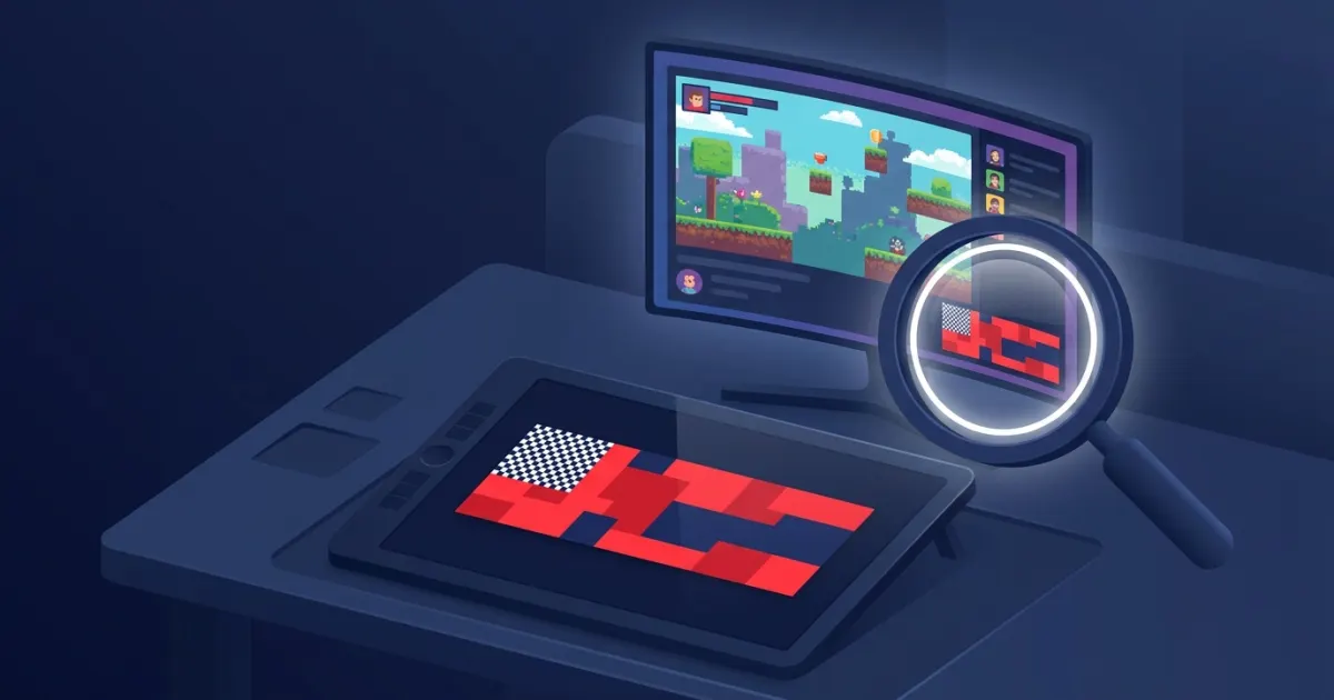 Illustration of a designer checking a small banner ad mockup against how it looks in the corner of a live game stream
