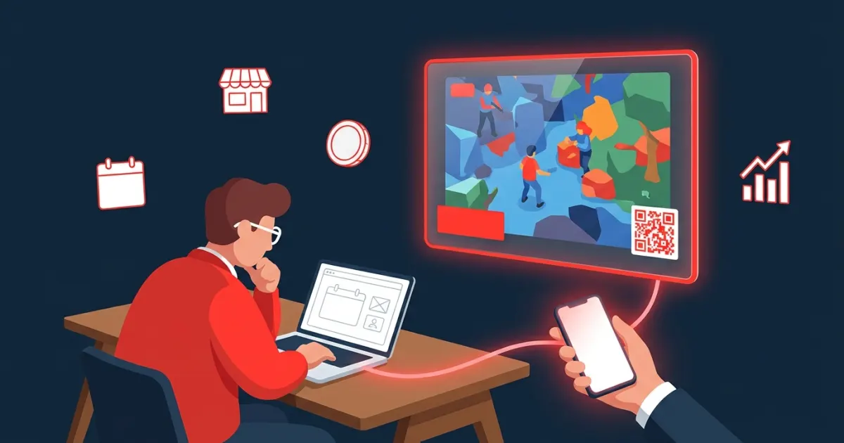Illustration of a business owner planning a live stream ad while a stream shows a small sponsor banner and a viewer scans a QR code with a phone