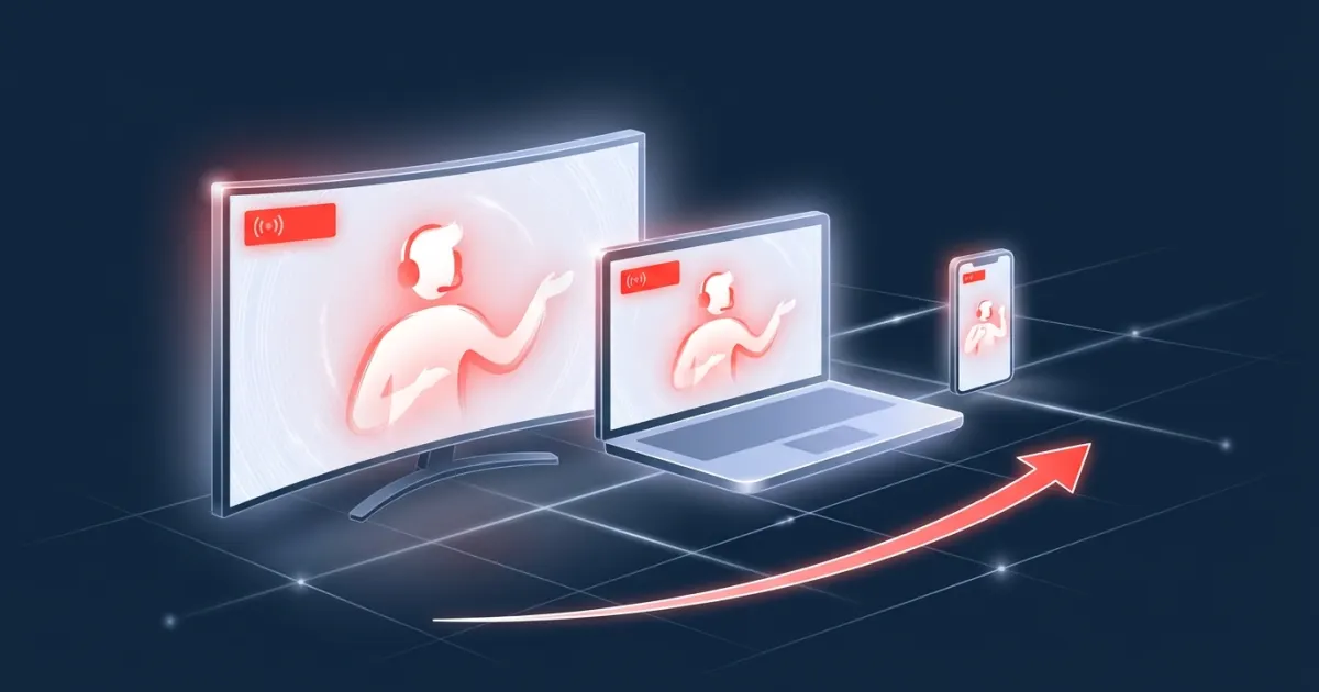 Illustration of live stream screens on a TV, laptop and phone rising like a growth chart