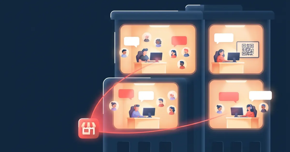 Illustration of several small streaming rooms with close-knit viewer communities, one showing a small sponsor banner with a QR code