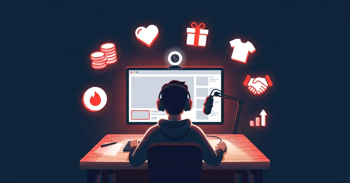 Illustration of a small streamer's desk with a live stream on screen and floating icons for tips, memberships, merch and sponsorships
