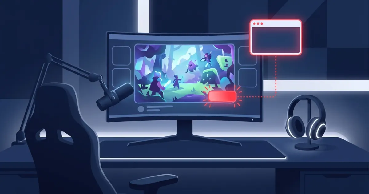 Illustration of a streaming setup where a browser source places a small sponsor banner in the corner of a game scene