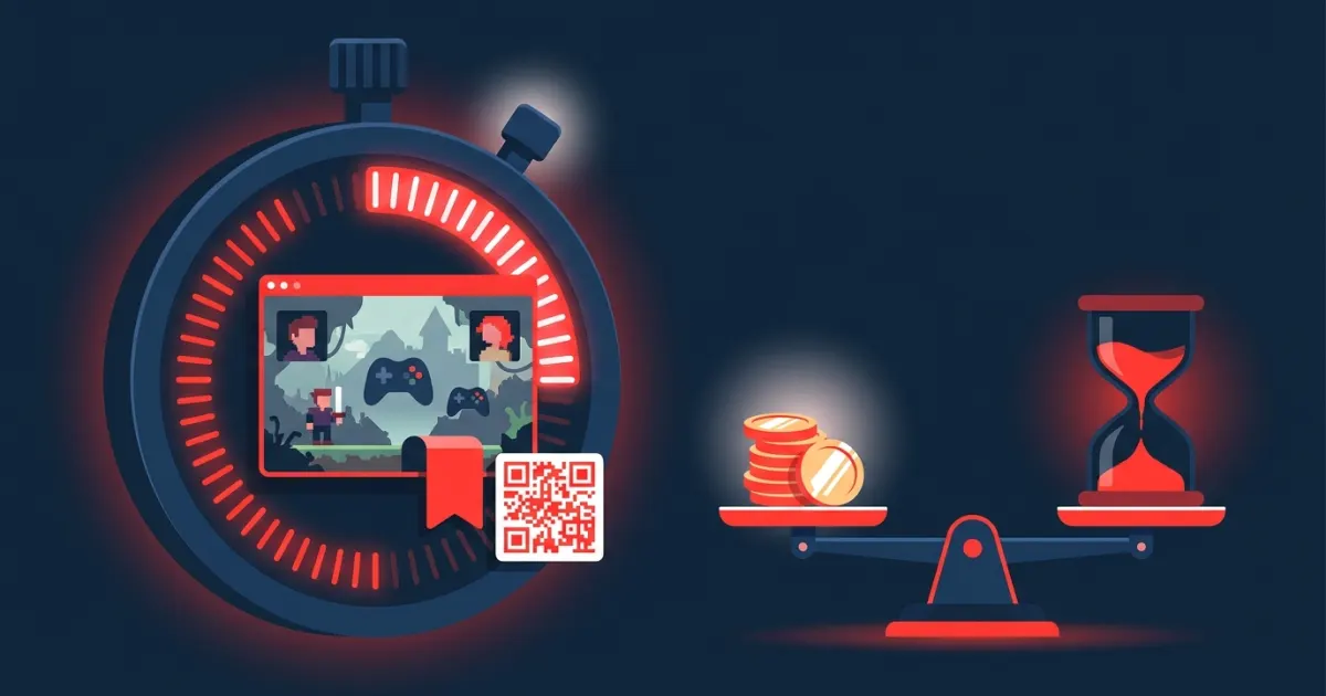 Illustration of a stopwatch framing a live stream with a sponsor banner, next to a scale balancing coins against an hourglass