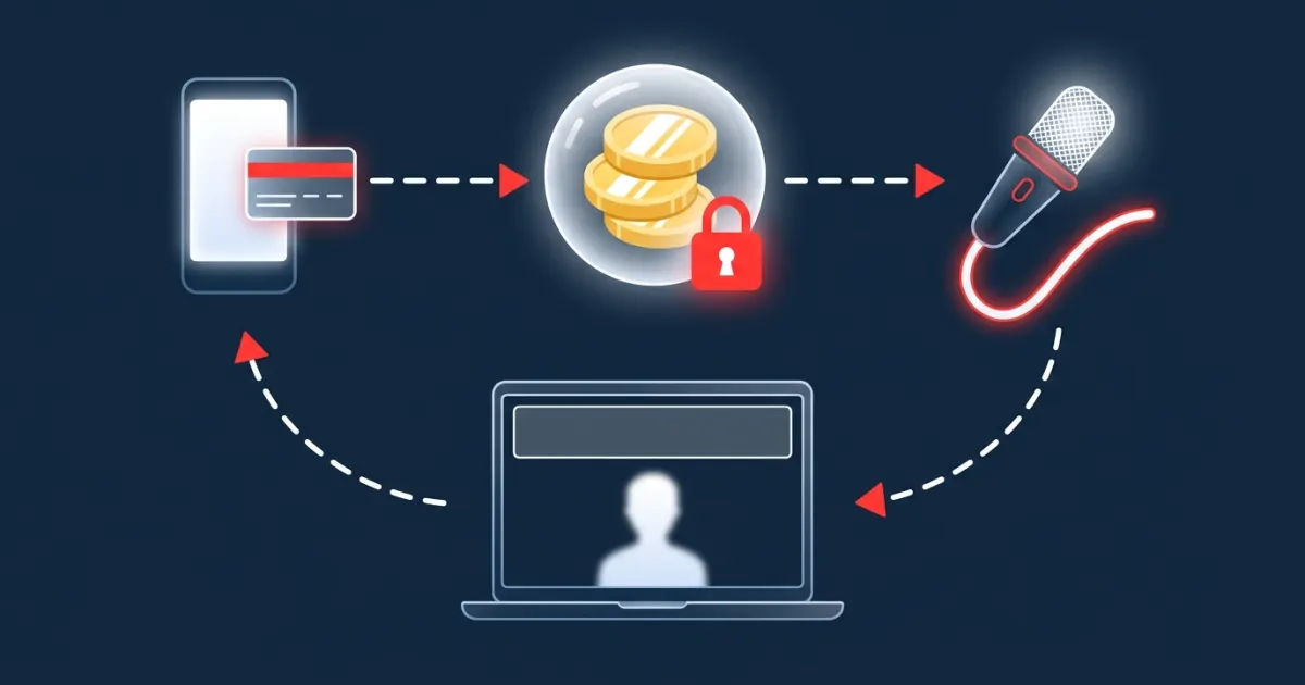 Illustration of a payment held in a protective bubble between a buyer's phone and a streamer's microphone, with a return arrow showing a released hold