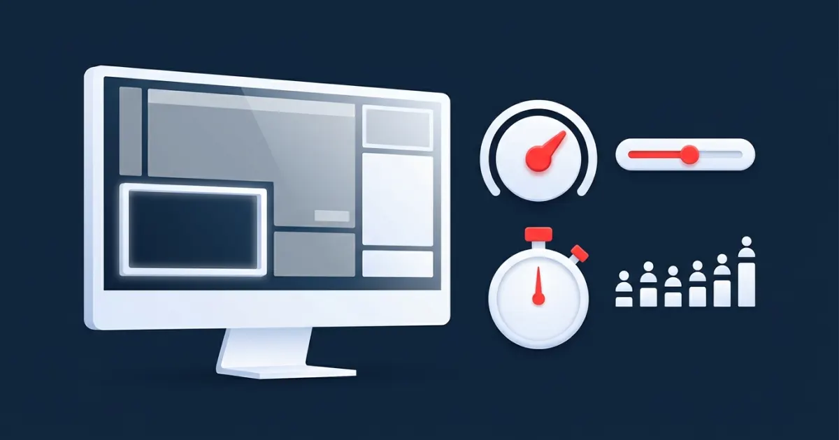 Illustration of a stream layout with an empty banner slot next to a pricing dial, a stopwatch and viewer silhouettes arranged like a bar chart