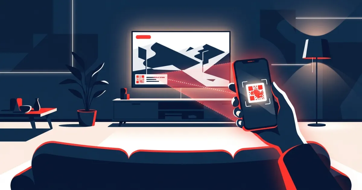 A viewer's smartphone scanning a QR code shown in the corner of a live stream on a living room TV