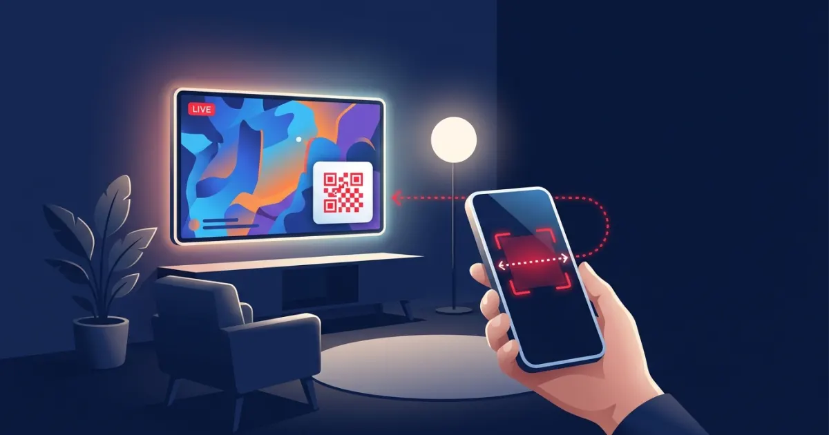 Illustration of a viewer scanning a QR code shown in the corner of a live stream on a TV with a smartphone