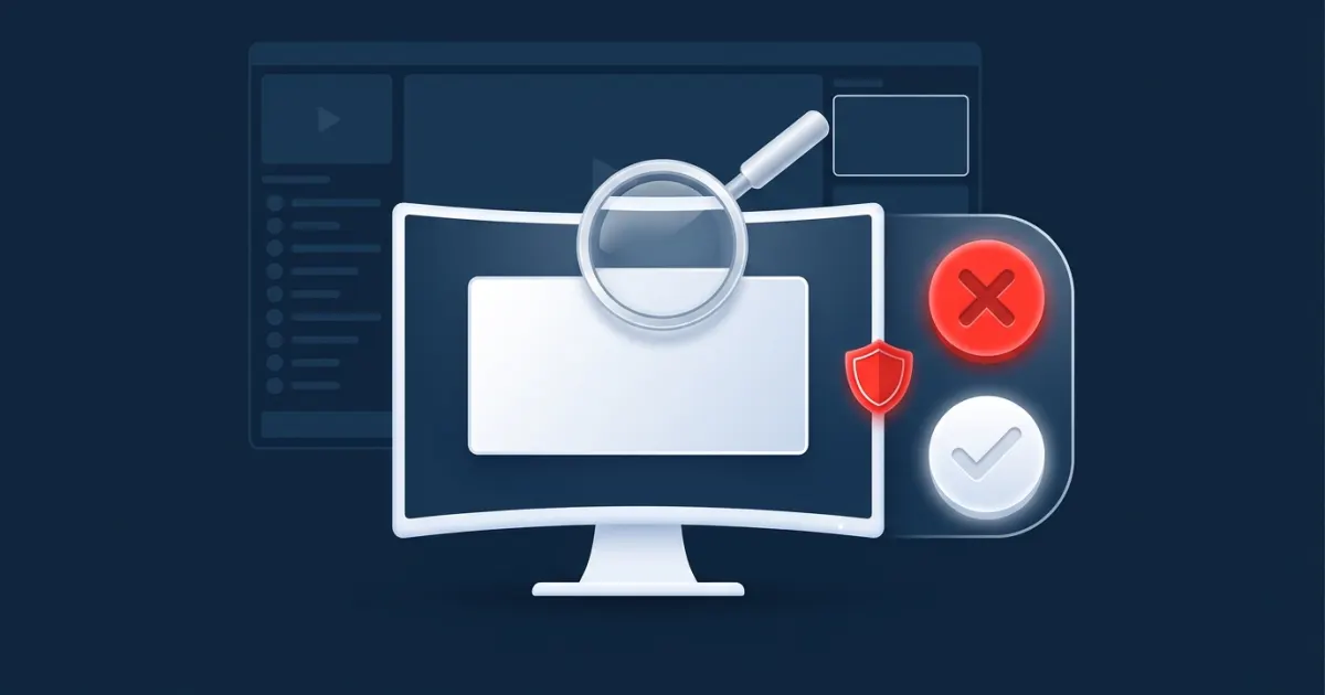 Illustration of a banner ad under a magnifying glass next to approve and reject buttons, with a stream layout waiting in the background
